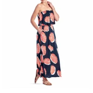 187. Lucky Brand Strapless Maxi Dress - Small - Navy Blue/Orange - Boho Chic