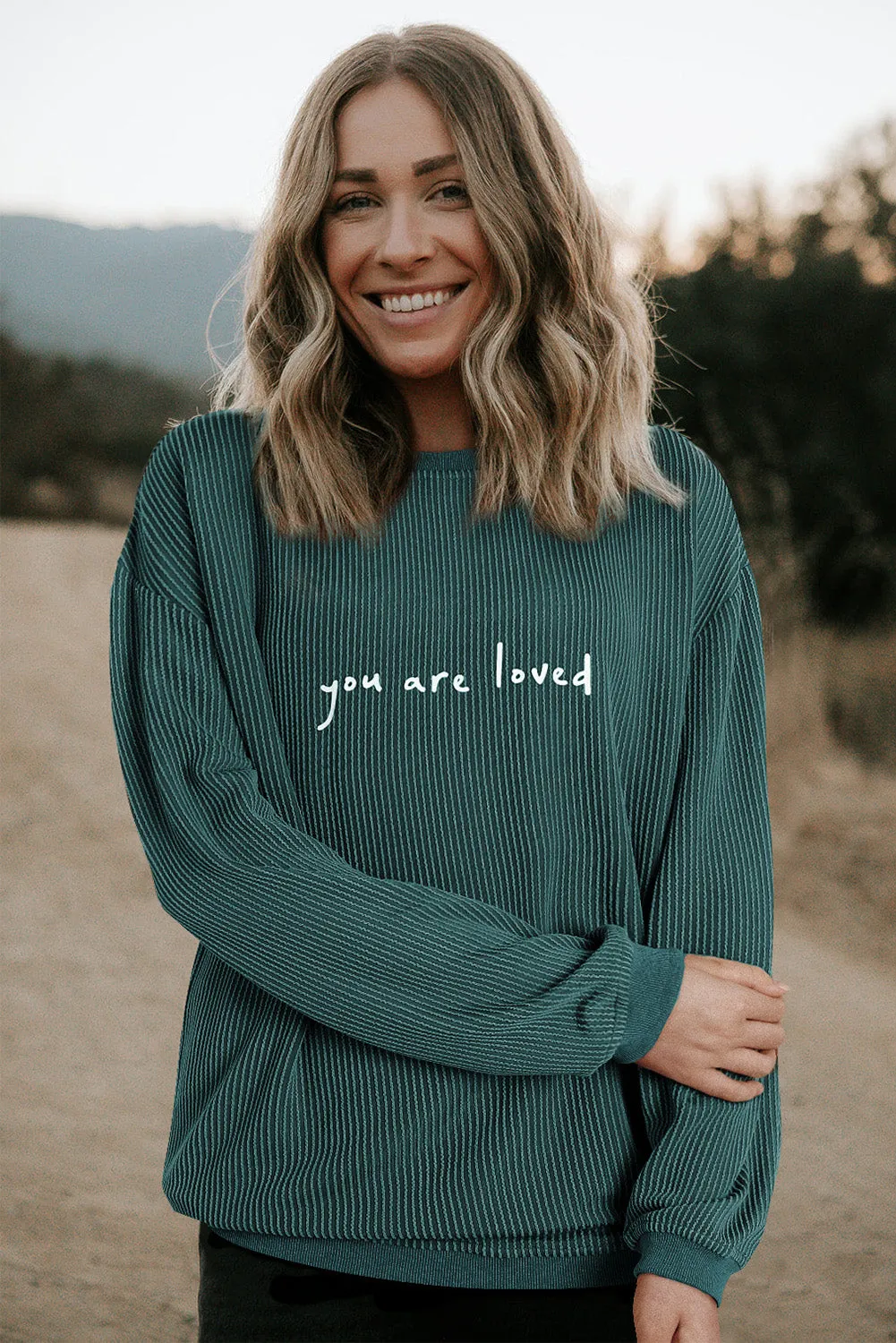 Blackish Green You Are Loved Print Corduroy Sweatshirt