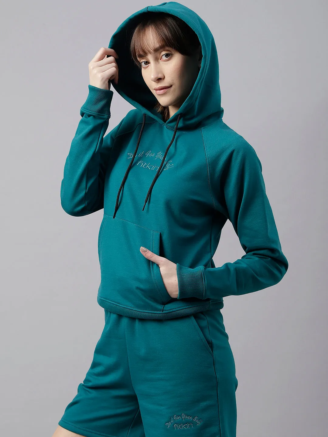 Fitkin Women Green Fleece Regular Fit Hooded Sweatshirt