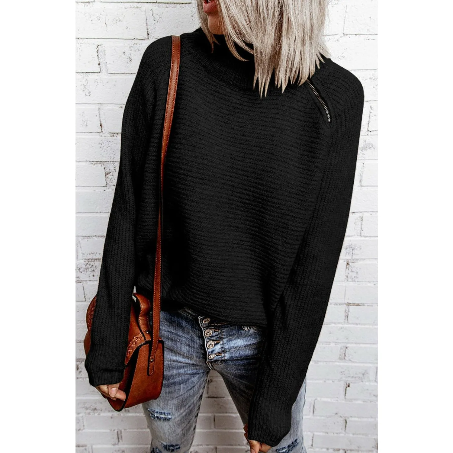 Gray Zip Knitted High Neck Sweater