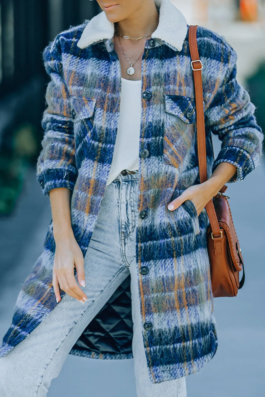 Multicolor Woolen Lining Plaid Brushed Long Coat
