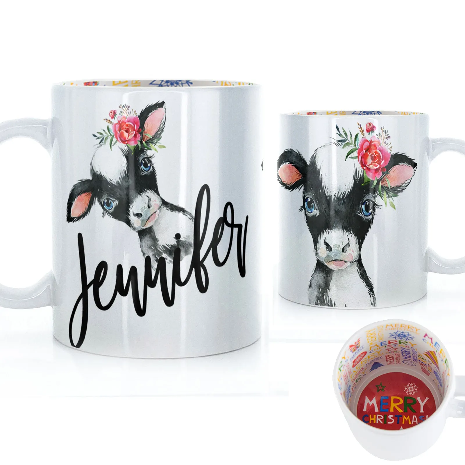Personalised Mug with Stylish Text and Pink Flower Cow