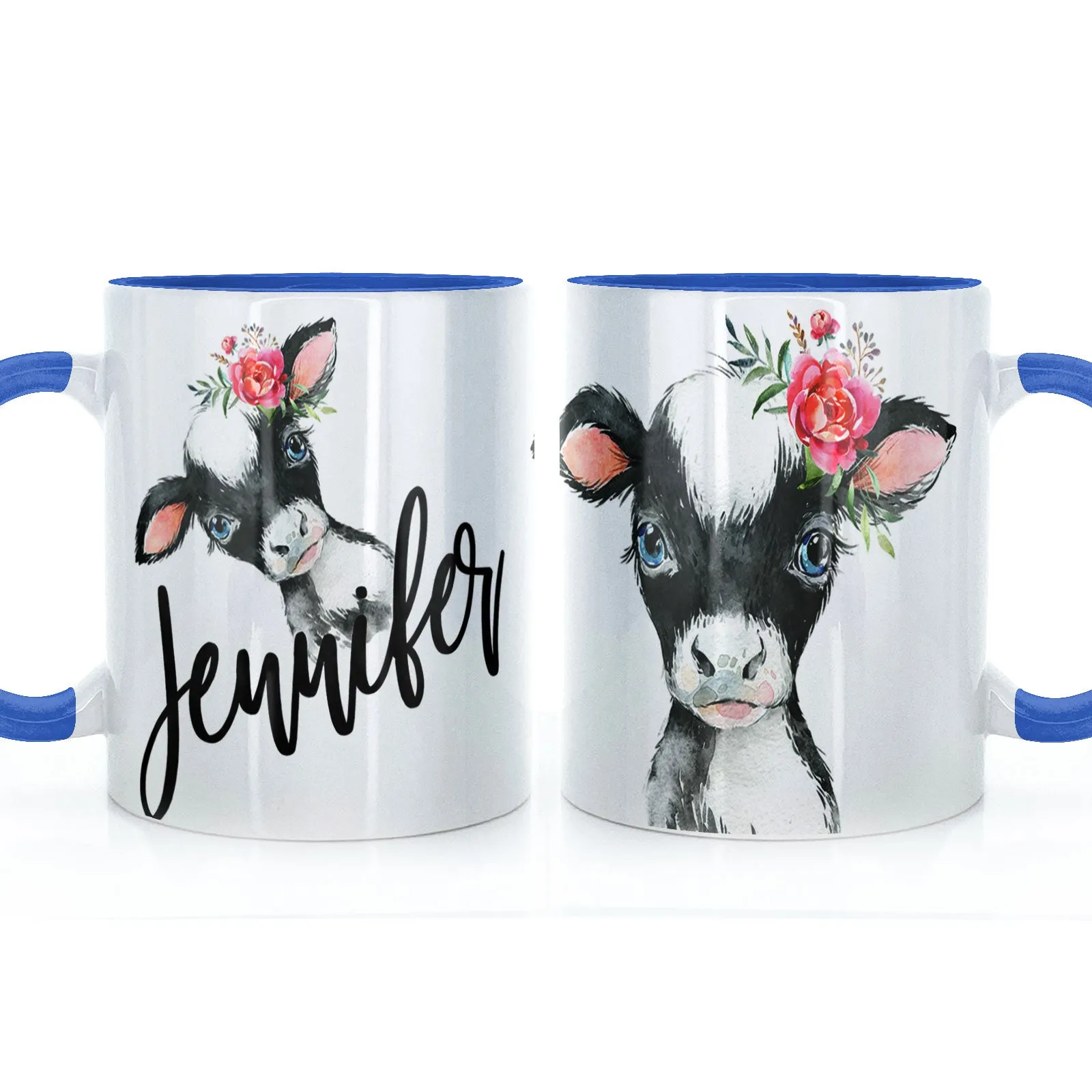 Personalised Mug with Stylish Text and Pink Flower Cow