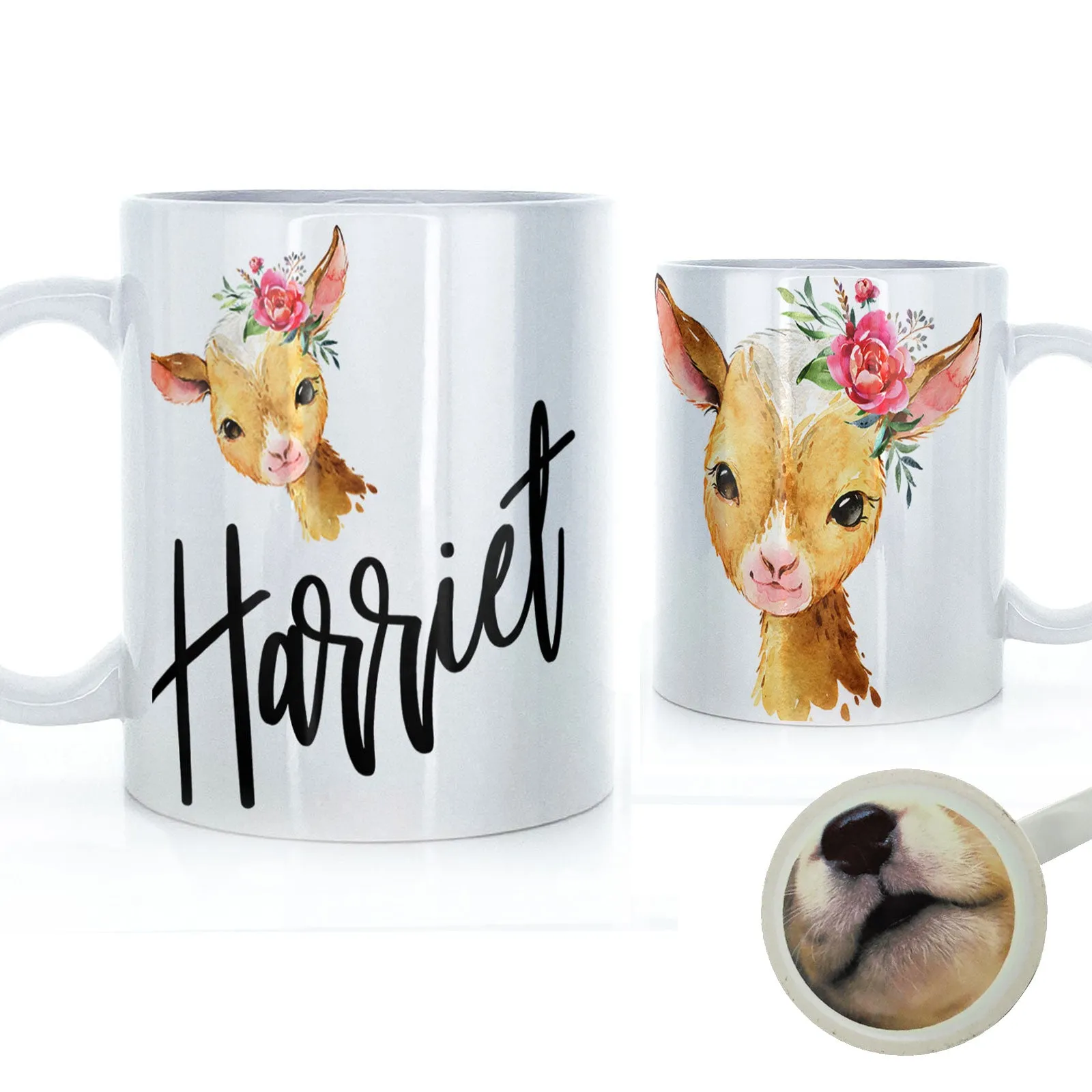Personalised Mug with Stylish Text and Pink Flower Goat