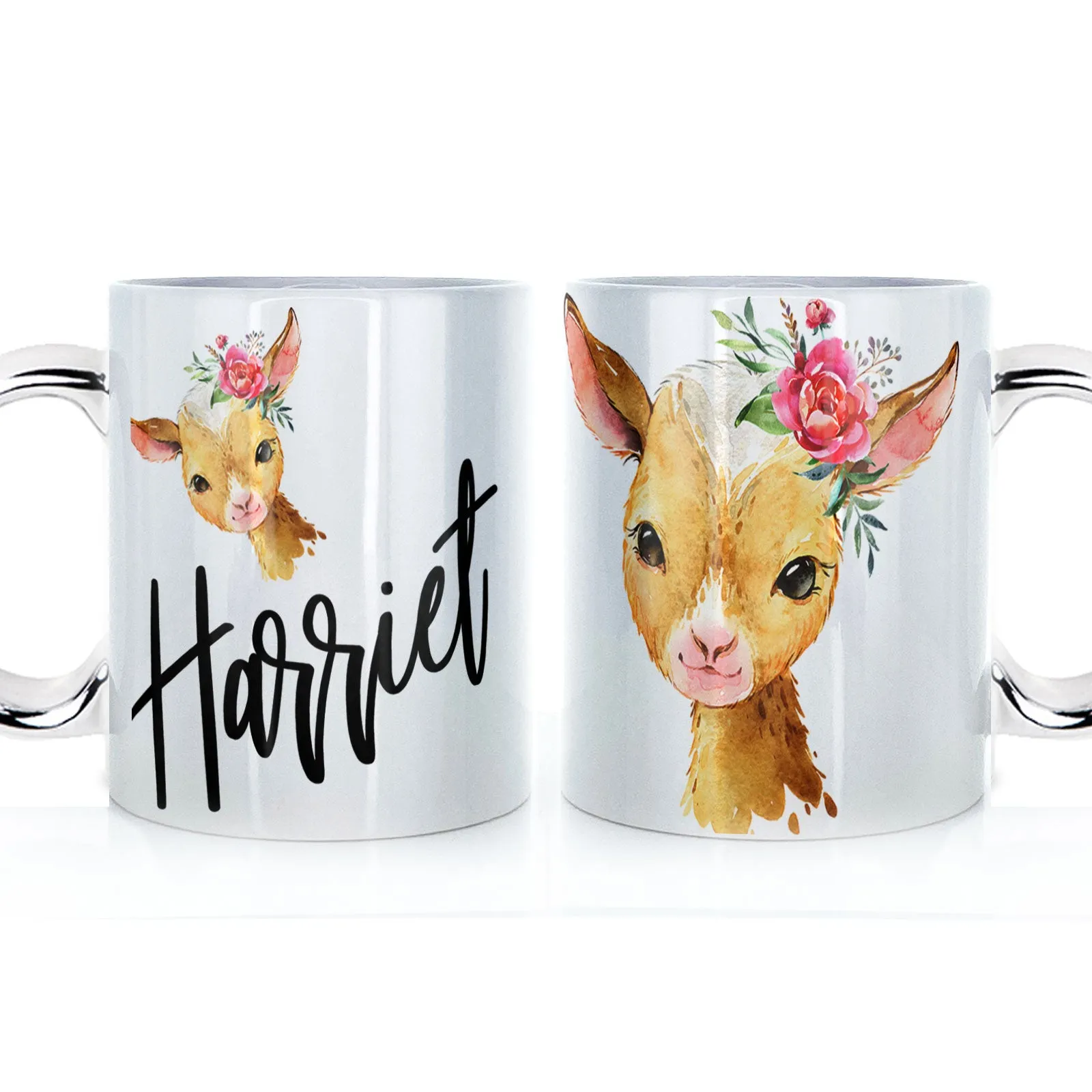 Personalised Mug with Stylish Text and Pink Flower Goat