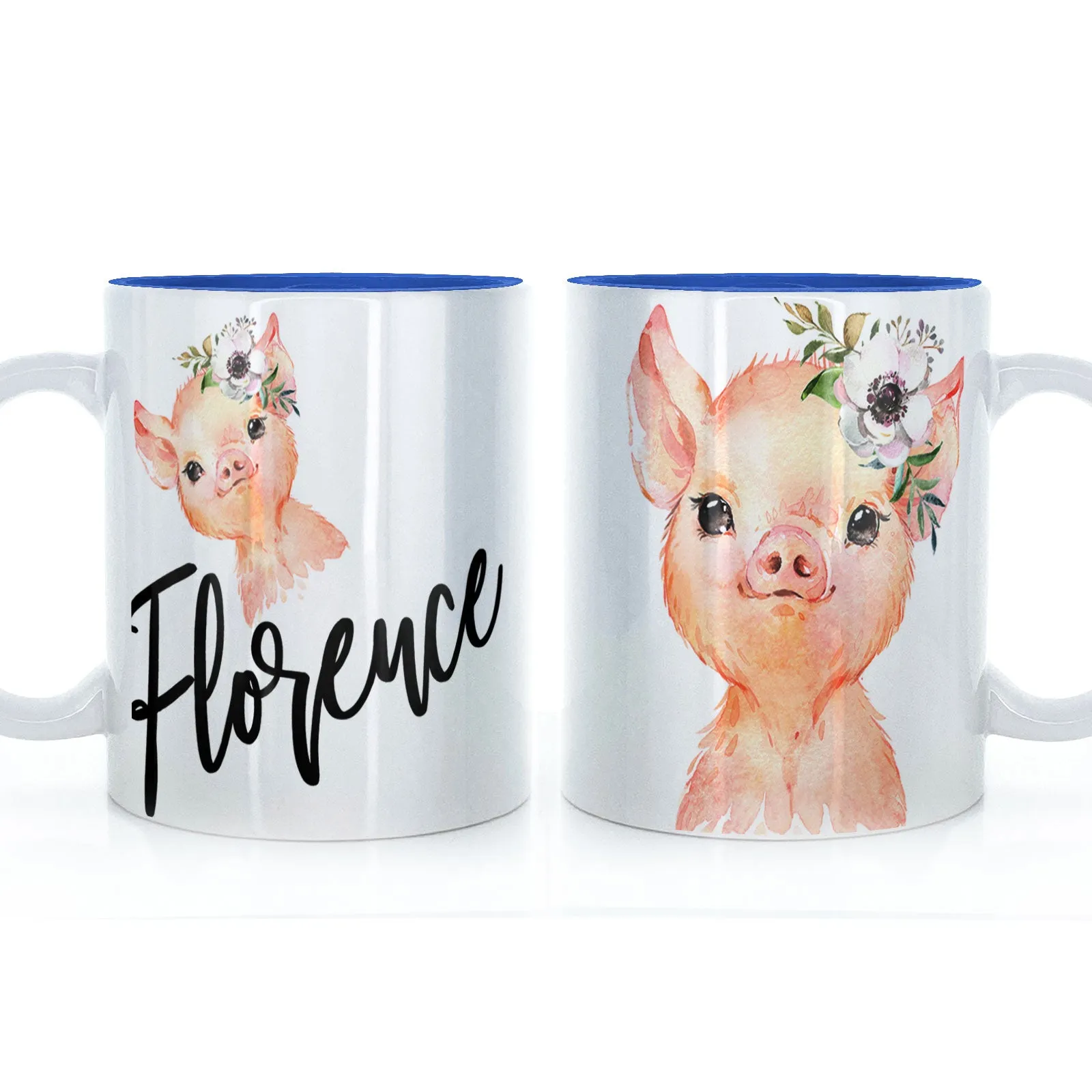 Personalised Mug with Stylish Text and White Flower Pig