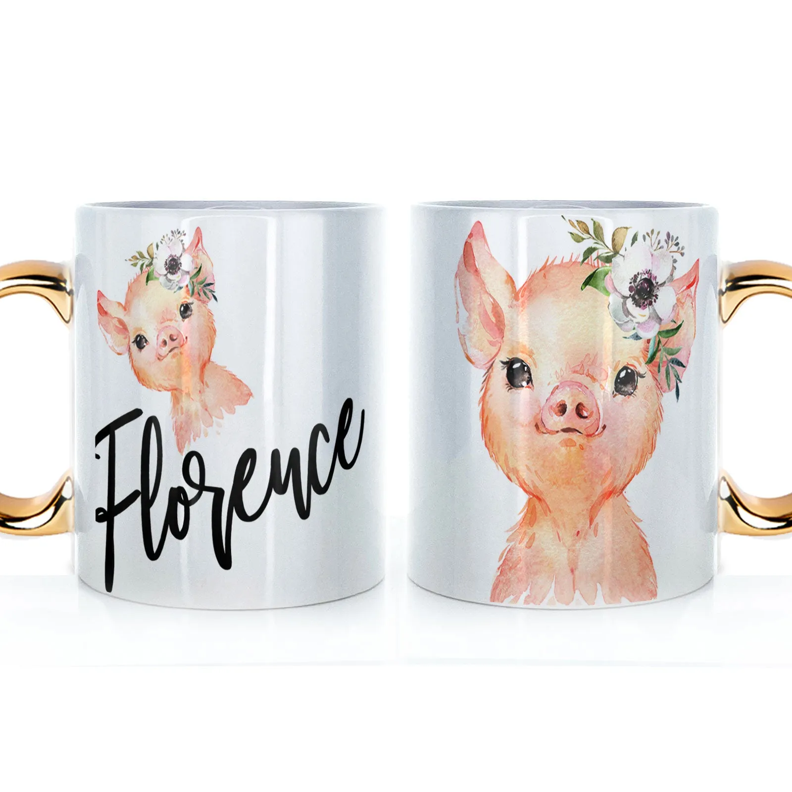 Personalised Mug with Stylish Text and White Flower Pig