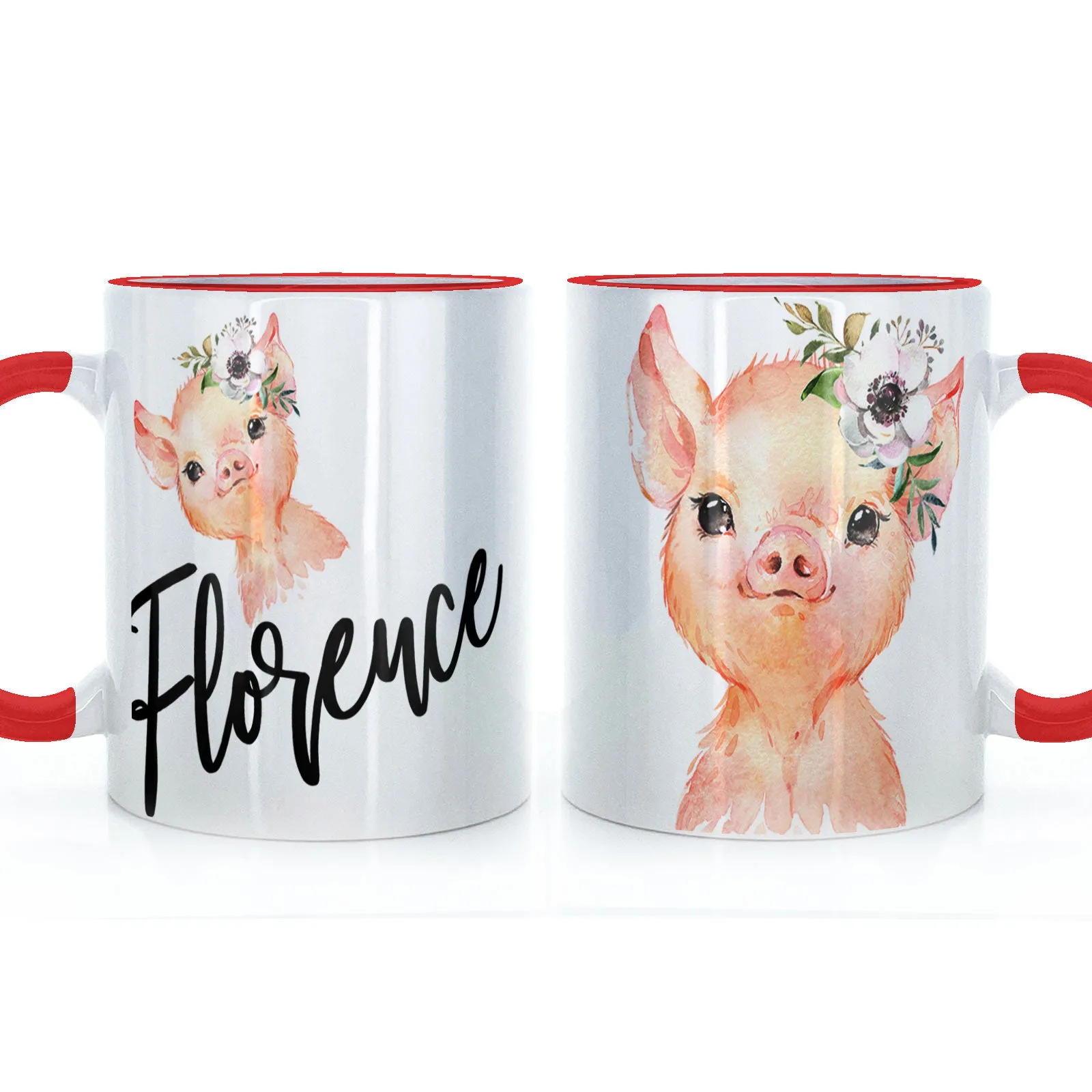 Personalised Mug with Stylish Text and White Flower Pig