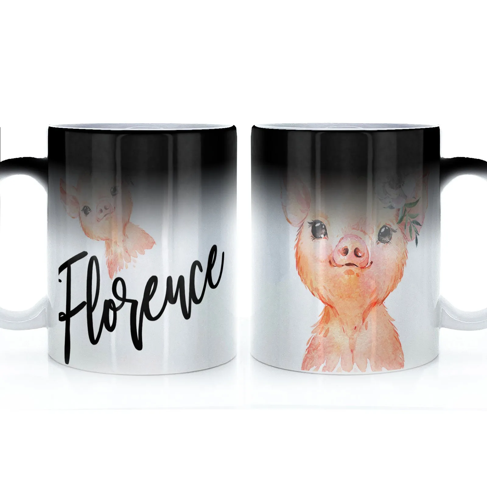 Personalised Mug with Stylish Text and White Flower Pig