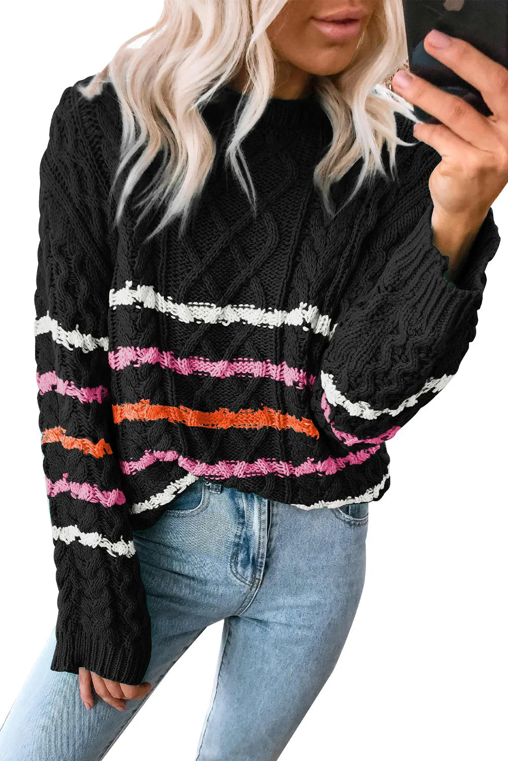 Striped Color Block Textured Knit Pullover Sweater